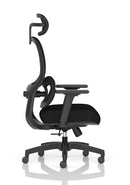 Dynamic Rowan mesh back office chair with ergonomic design and adjustable armrests, featuring a black mesh back and cushioned seat.