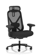 Dynamic Conrow heavy-duty task operator chair with adjustable headrest, ergonomic design, black upholstery, and sturdy base.