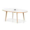 Oslo Volta oval boardroom table by Dynamic with white finish, natural wood splayed legs, and integrated pop-up power module.