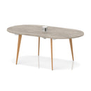 Oslo Volta oval boardroom table by Dynamic with grey oak finish, wooden splayed legs, and built-in pop-up power module.