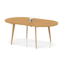 Oslo Volta oval boardroom table by Dynamic with a pop-up power module, wooden splayed oak legs, and a sleek modern design.