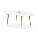 Oslo Volta oval boardroom table by Dynamic with white finish, wooden splayed legs, and built-in pop-up power module for meetings.