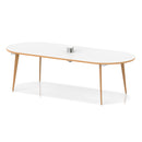 Oslo Volta oval boardroom table by Dynamic with white and natural wood finish, featuring a pop-up power module and splayed wooden legs.
