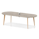 Oslo Volta oval boardroom table with grey oak finish, wooden splayed legs, and built-in pop-up power module by Dynamic.