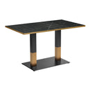 Omega complete dining table by ZAP with black marble top and sleek black and gold rectangular base.