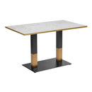 Omega Complete Dining Table by ZAP with white Carrara marble top and sleek black and gold metal base.