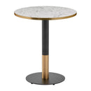Omega Complete Dining Table by ZAP with white Carrara marble top and sleek black and gold round base.