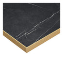 Omega complete dining table with square black marble top and gold edge, supported by a sleek black and gold base.