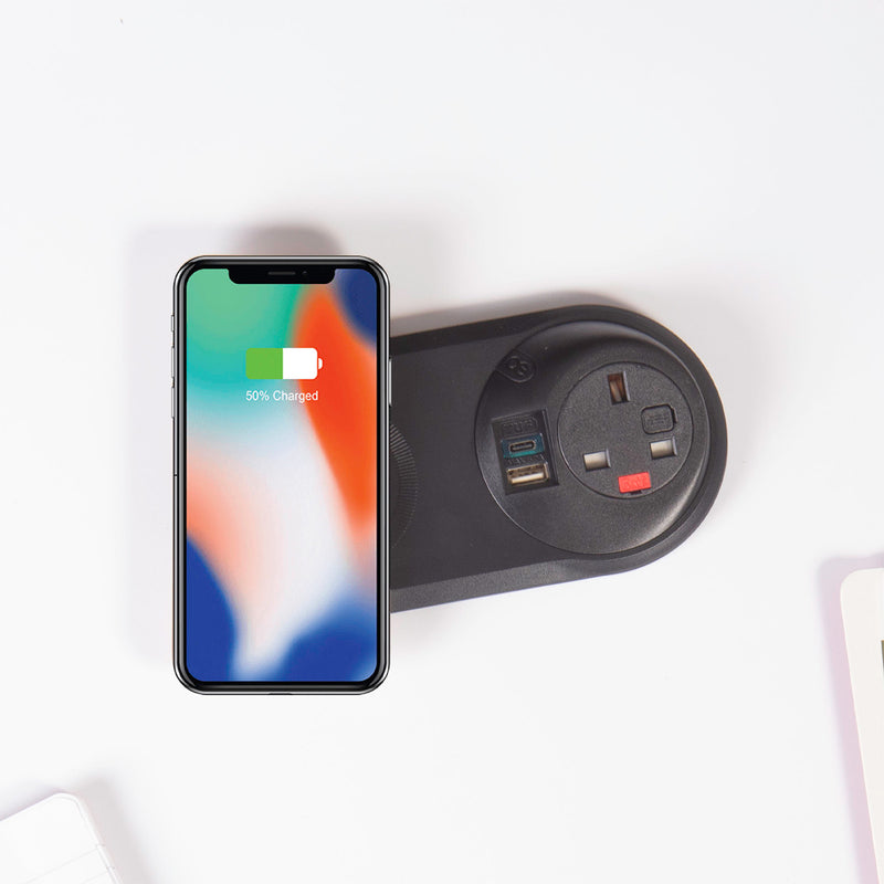 Pixel Arc In-Surface Power Module 1 x UK Socket, 1 x TUF (A&C) USB Connectors And 10W Wireless Charger - Black - NWOF