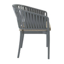 ZAP Portofino stacking armchair with taupe seat cushion, wooden frame, and modern design for outdoor or patio use.