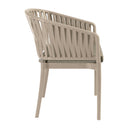 ZAP Portofino stacking armchair with taupe seat cushion and woven rattan-style frame on a neutral background.