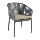 ZAP Portofino stacking armchair with taupe seat cushion, modern outdoor furniture with armrests and durable frame.