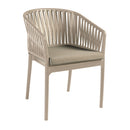 ZAP Portofino stacking armchair with taupe seat cushion and wooden frame, ideal for outdoor or indoor seating.