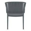 Dark grey Portofino stacking armchair by ZAP with a sleek, modern design and curved armrests, shown from the back view.