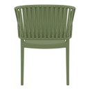 ZAP Portofino stacking armchair in olive green with a modern design and wooden armrests, shown from the back.