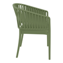 Olive green ZAP Portofino stacking armchair with a sleek, modern design, shown from the side angle.