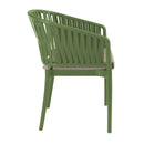 ZAP Portofino stacking armchair with olive green frame and taupe seat cushion, shown from side view.