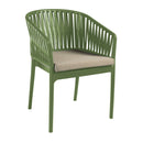 ZAP Portofino stacking armchair with olive green frame and taupe seat cushion, showcasing stylish outdoor furniture.