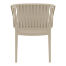 Taupe Portofino stacking armchair by ZAP showing a comfortable modern design with a curved backrest and armrests.
