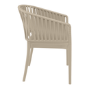 Taupe Portofino stacking armchair by ZAP, showcasing its sleek design and comfortable armrests from a side view.