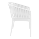 White Portofino stacking armchair by ZAP, showing a modern, ergonomic design with a curved backrest and armrests, side view.