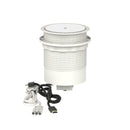 Dynamic Volta round pop-up power unit with 4 sockets and wireless charger, 120mm diameter, installed in a modern surface.