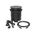 Dynamic Volta round pop-up power unit with four sockets and wireless charger, 120mm compact design for convenient charging.