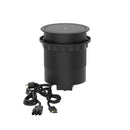 Dynamic Volta round pop-up power unit with four sockets and wireless charger, 120mm, installed in a surface for easy device charging.