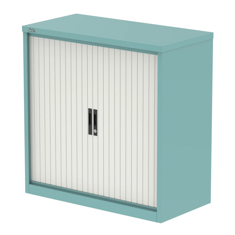 QUBE Tambour Cupboard - Pastel Turquoise & Satin White - NWOF
