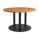 Solid oak dining table with natural finish and sleek black Boston base, perfect for modern dining rooms.