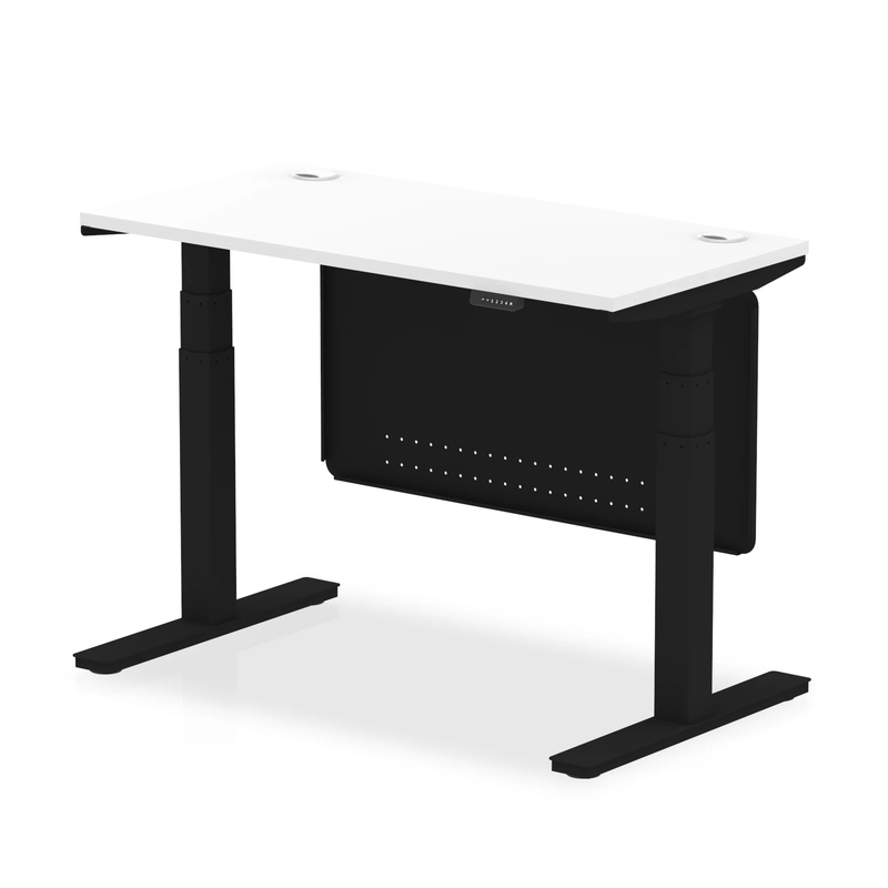 Air 600mm Deep Height Adjustable Desk With Cable Ports & Steel Modesty Panel - White - NWOF