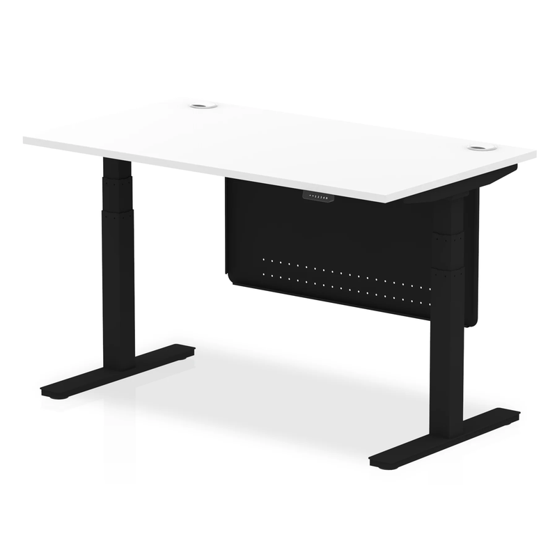 Air 800mm Deep Height Adjustable Desk With Cable Ports & Steel Modesty Panel - White - NWOF