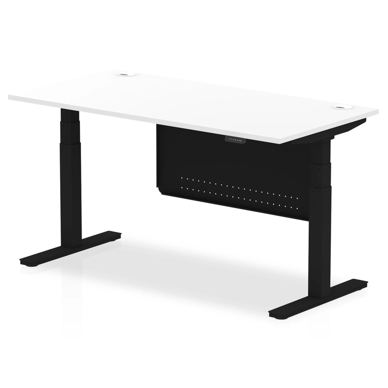 Air 800mm Deep Height Adjustable Desk With Cable Ports & Steel Modesty Panel - White - NWOF