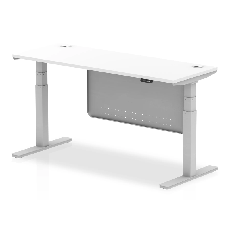 Air 600mm Deep Height Adjustable Desk With Cable Ports & Steel Modesty Panel - White - NWOF