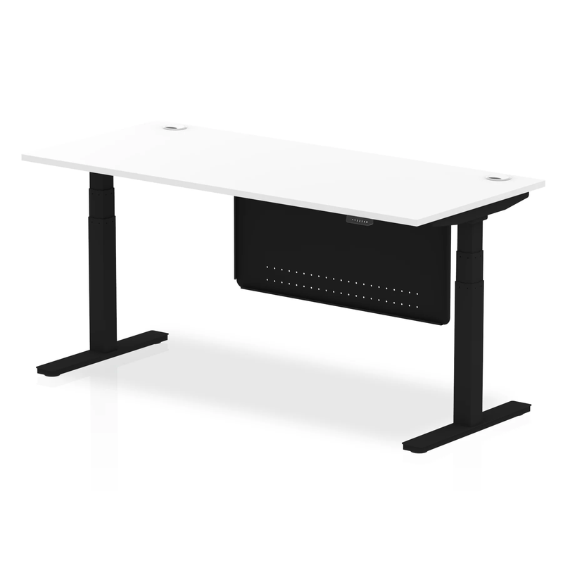 Air 800mm Deep Height Adjustable Desk With Cable Ports & Steel Modesty Panel - White - NWOF