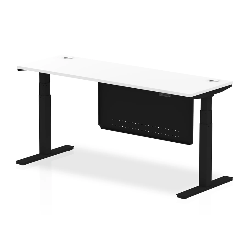 Air 600mm Deep Height Adjustable Desk With Cable Ports & Steel Modesty Panel - White - NWOF