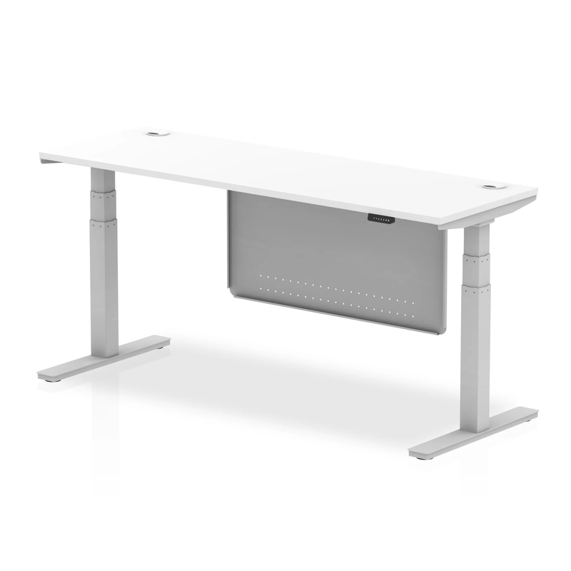 Air 600mm Deep Height Adjustable Desk With Cable Ports & Steel Modesty Panel - White - NWOF