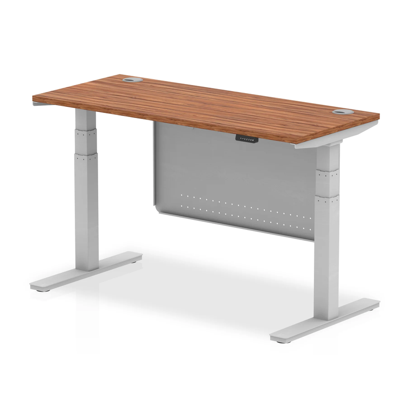 Air 600mm Deep Height Adjustable Desk With Cable Ports & Steel Modesty Panel - Walnut - NWOF