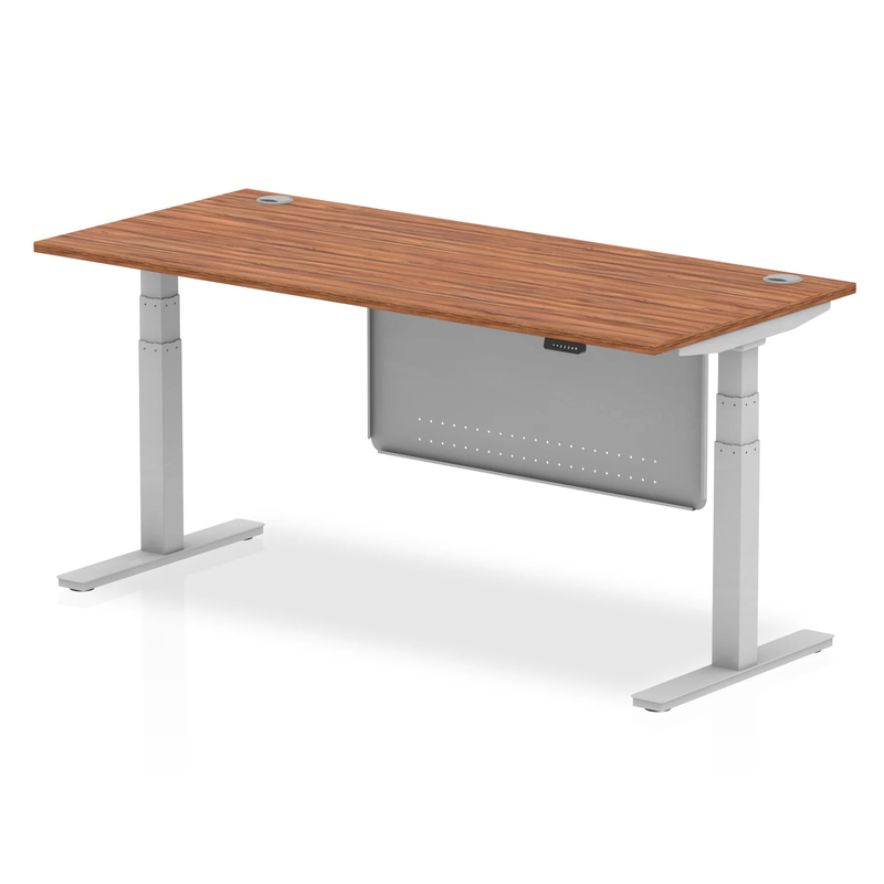 Air 800mm Deep Height Adjustable Desk With Cable Ports & Steel Modesty Panel - Walnut - NWOF