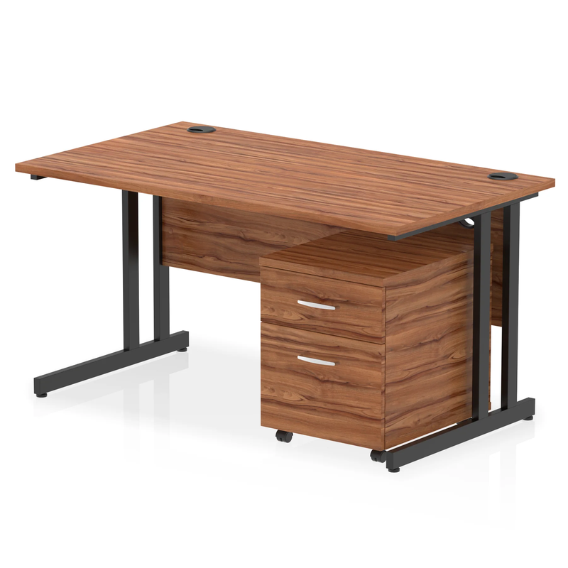 Impulse Cantilever Straight Desk With 2 Drawer Mobile Pedestal - Walnut