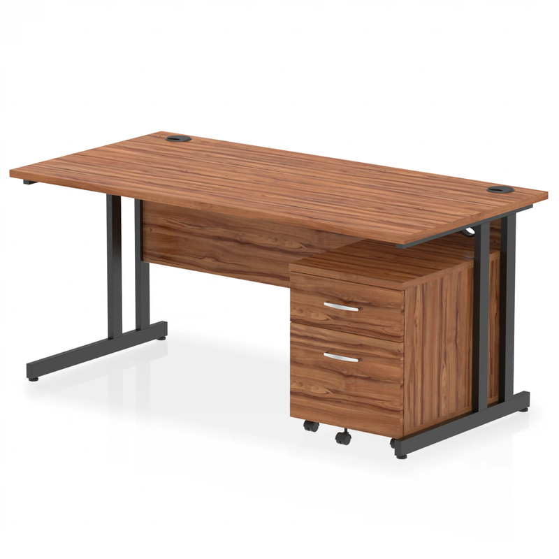 Impulse Cantilever Straight Desk With 2 Drawer Mobile Pedestal - Walnut