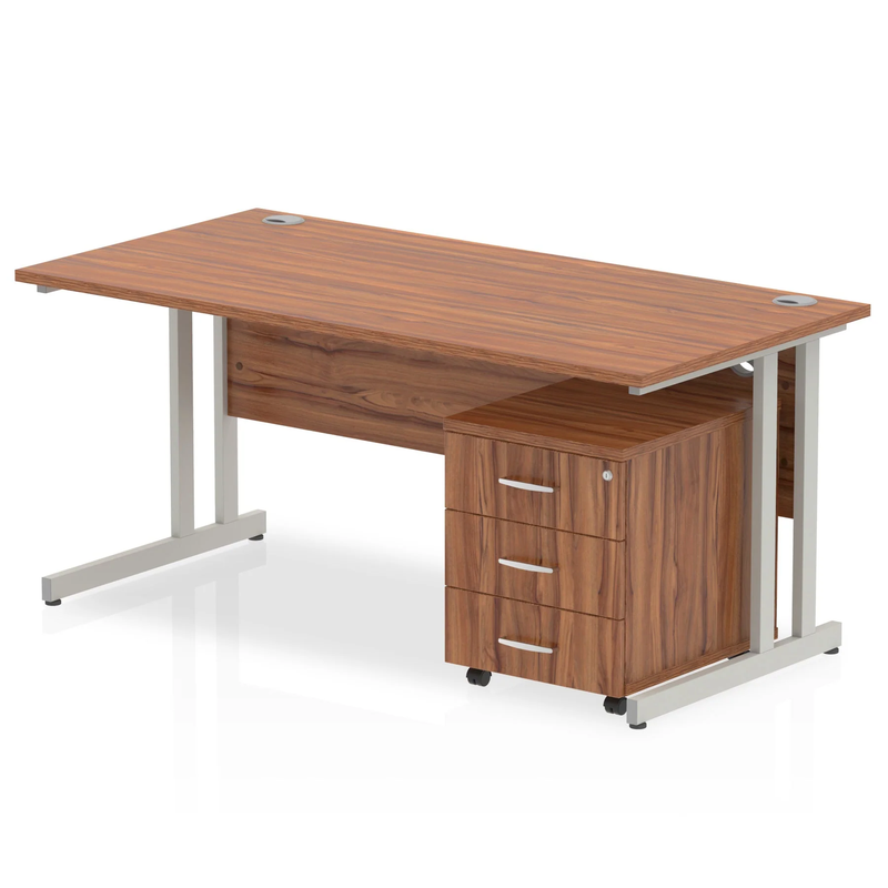 Impulse Cantilever Straight Desk With 3 Drawer Mobile Pedestal - Walnut - NWOF