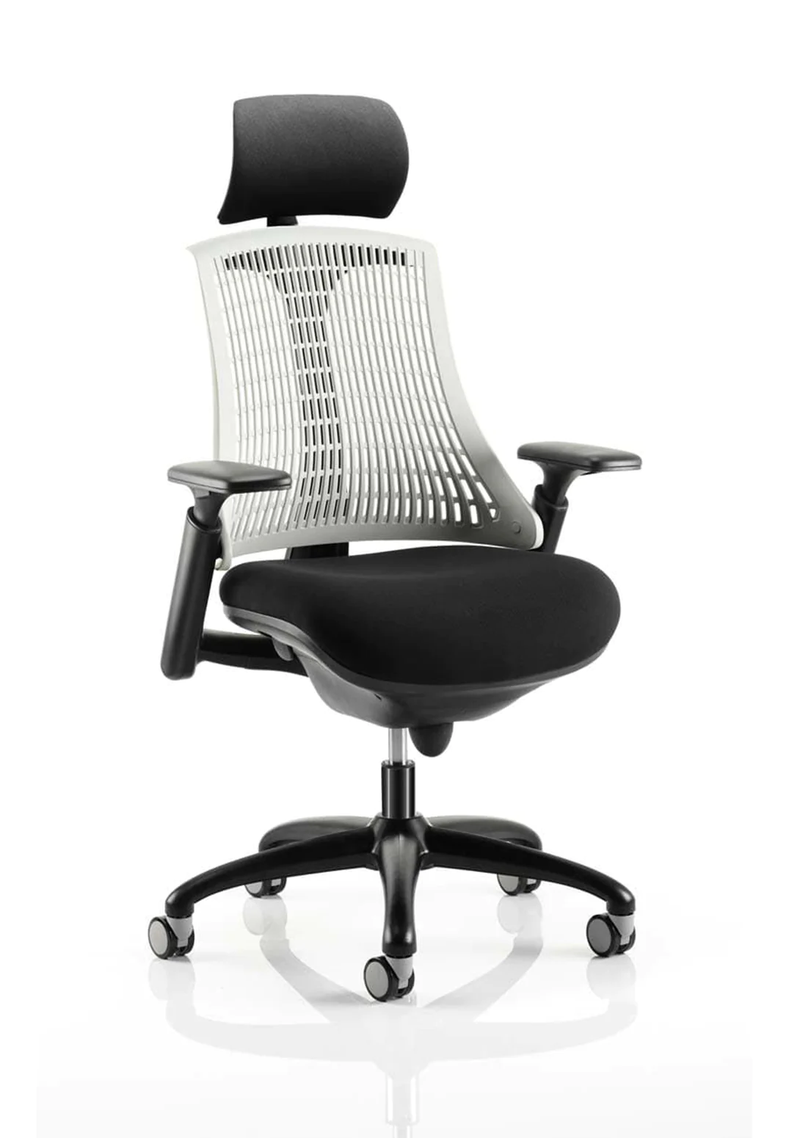 Flex Task Operator Chair Black Frame With Black Fabric Seat Moonstone White Back With Arms - NWOF