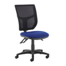 Dams Altino mesh back operator chair with blue fabric seat and adjustable armrests, ergonomic design for office comfort.