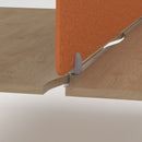 Dams Shush PET Double Desk Screen Clamp Bracket shown on a desk, securing two PET desk screens with adjustable clamps.