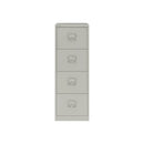 Light grey Bisley Classic BS foolscap 4-drawer filing cabinet with metal handles and label holders, front view.