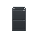 Black Bisley BS A4 2-drawer filing cabinet with metal handles and lock, shown from the front view.