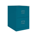 Azure Bisley Classic BS Foolscap 2 Drawer Filing Cabinet with metal handles, viewed from the right side.
