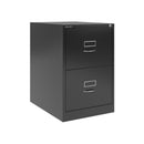 Black Bisley Classic BS foolscap 2-drawer filing cabinet with metal handles and label holders, viewed from the right side.