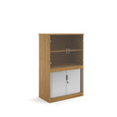Dams oak system combination unit with tambour doors and glass upper doors, showcasing sleek storage design.